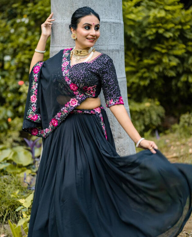 MV-LHN-010 - Georgette Lehenga Choli Adorned with Sequins and Delicate Embroidery work