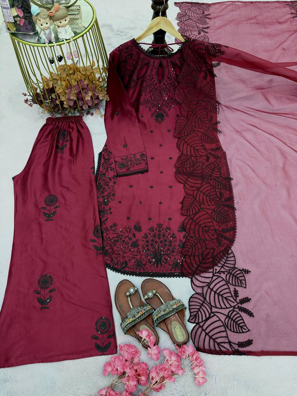 MV-KUR-013- New Designer Party Wear - Pure Satin Rayon Top & Palazzo With Dupatta set - Image 8