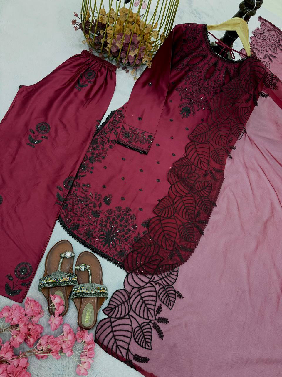 MV-KUR-013- New Designer Party Wear - Pure Satin Rayon Top & Palazzo With Dupatta set - Image 9