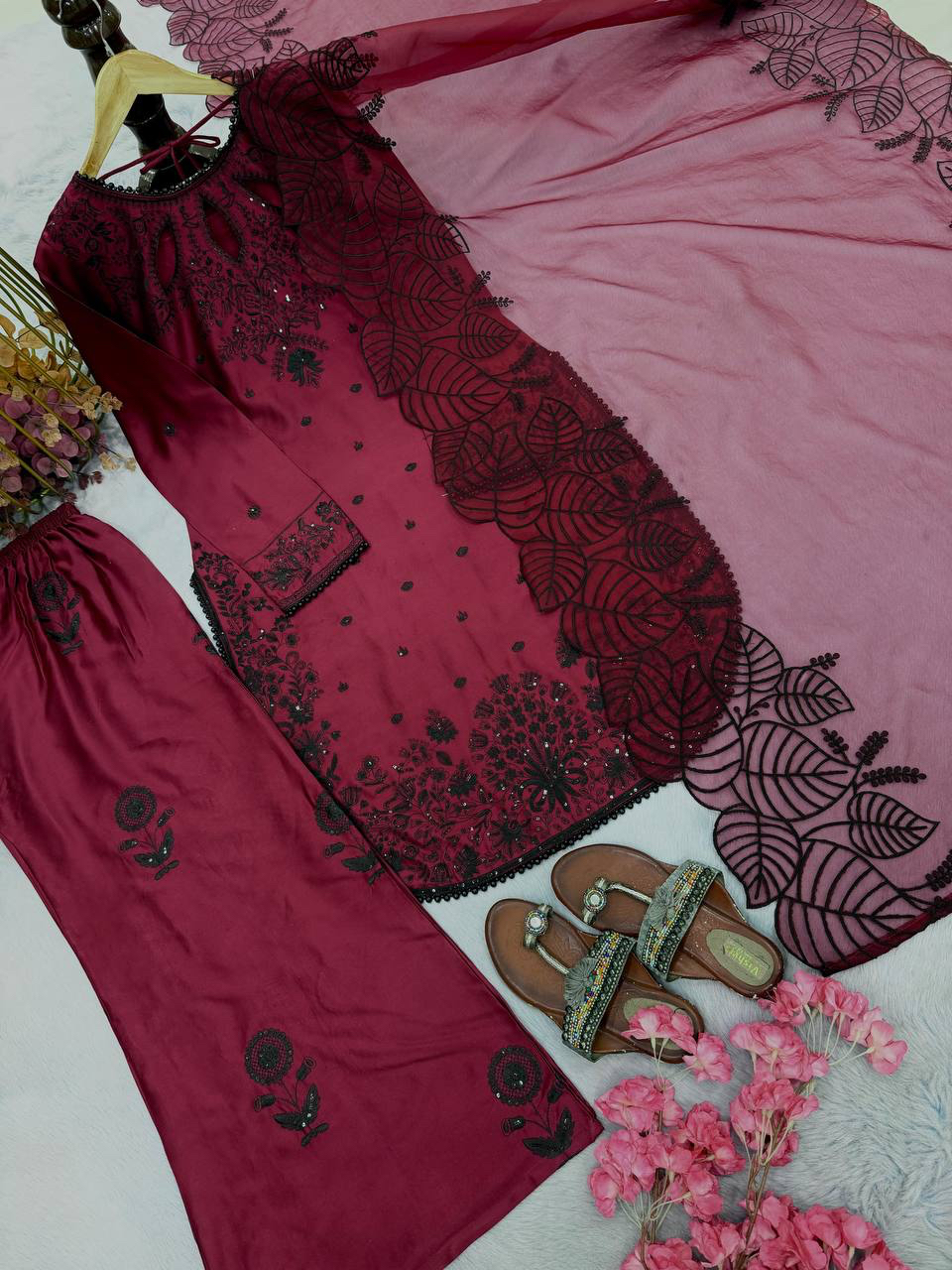 MV-KUR-013- New Designer Party Wear - Pure Satin Rayon Top & Palazzo With Dupatta set - Image 10