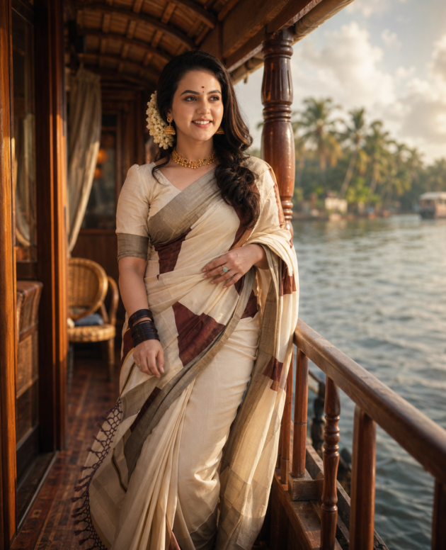 MV-ONM-002 - ONAM SPECIAL – Coffee Brown Temple Design Tissue Saree