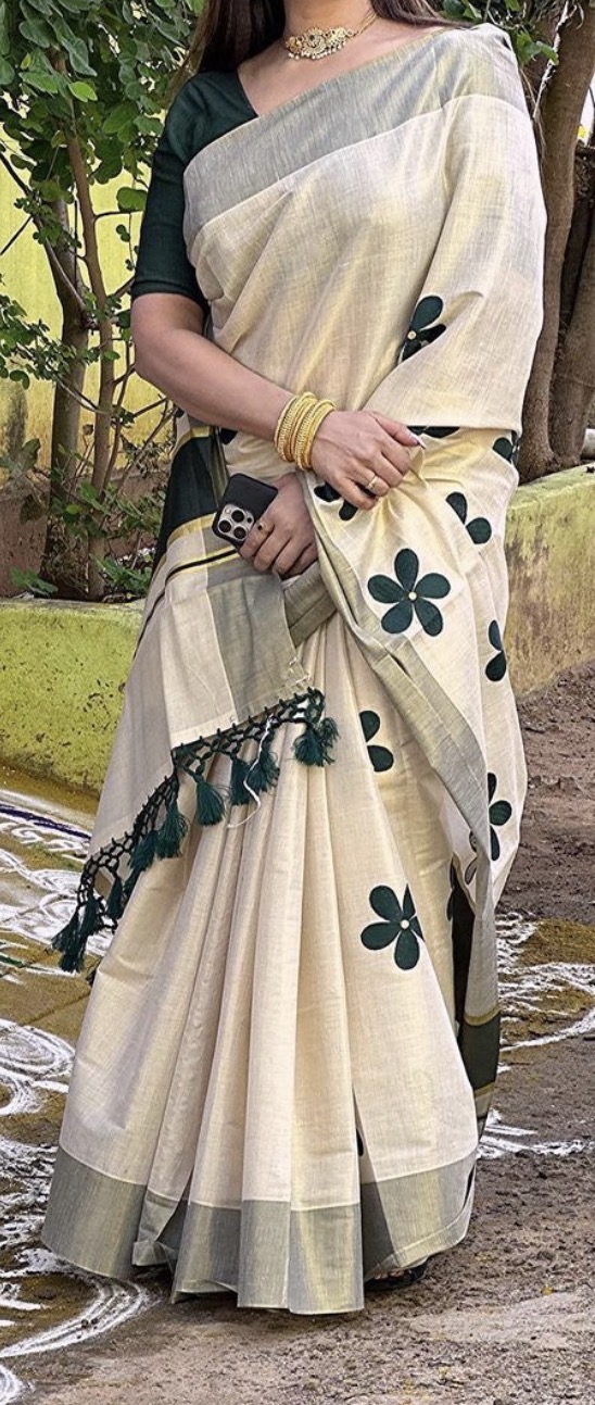 MV-KUS-005 - Green Flower Embroidered Golden Tissue Saree with Tassels - Image 2