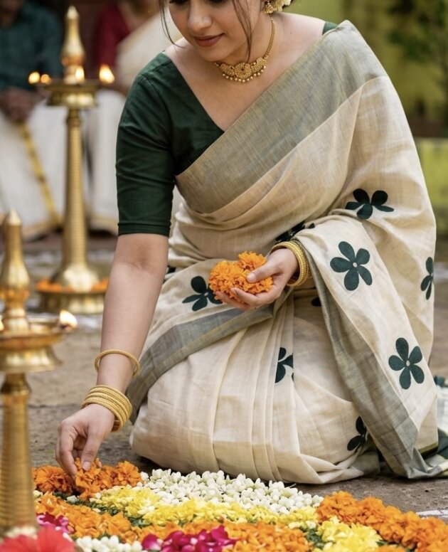 MV-KUS-005 - Green Flower Embroidered Golden Tissue Saree with Tassels