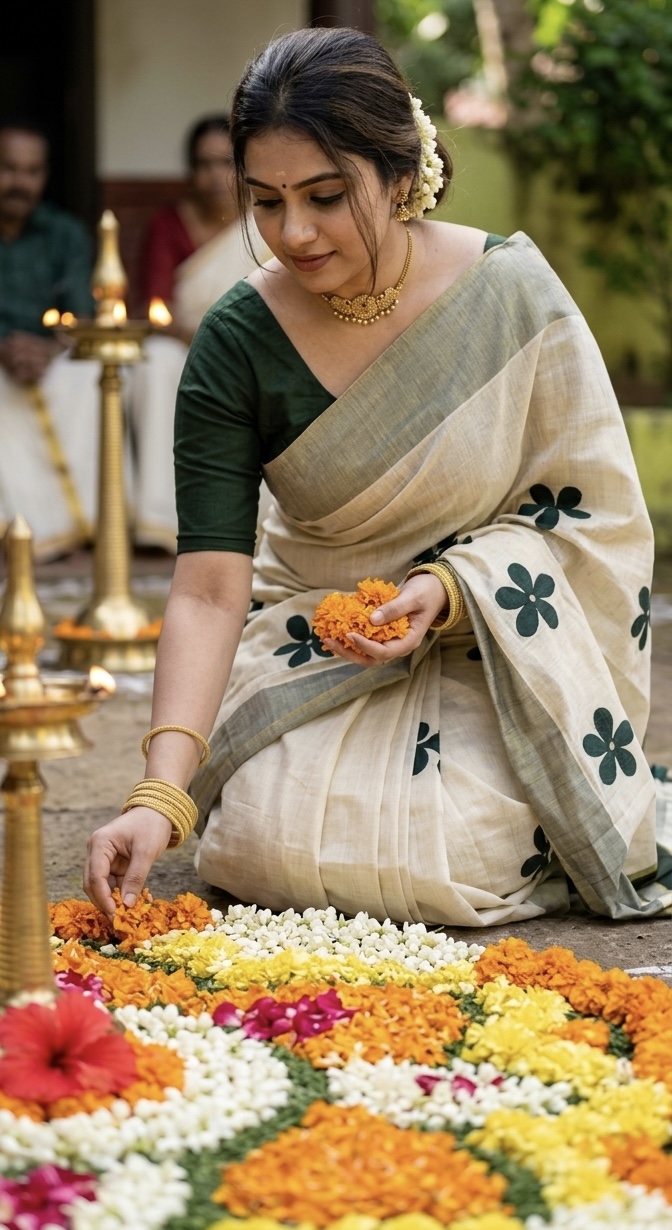 MV-KUS-005 - Green Flower Embroidered Golden Tissue Saree with Tassels