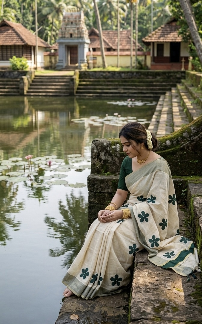 MV-KUS-005 - Green Flower Embroidered Golden Tissue Saree with Tassels - Image 4