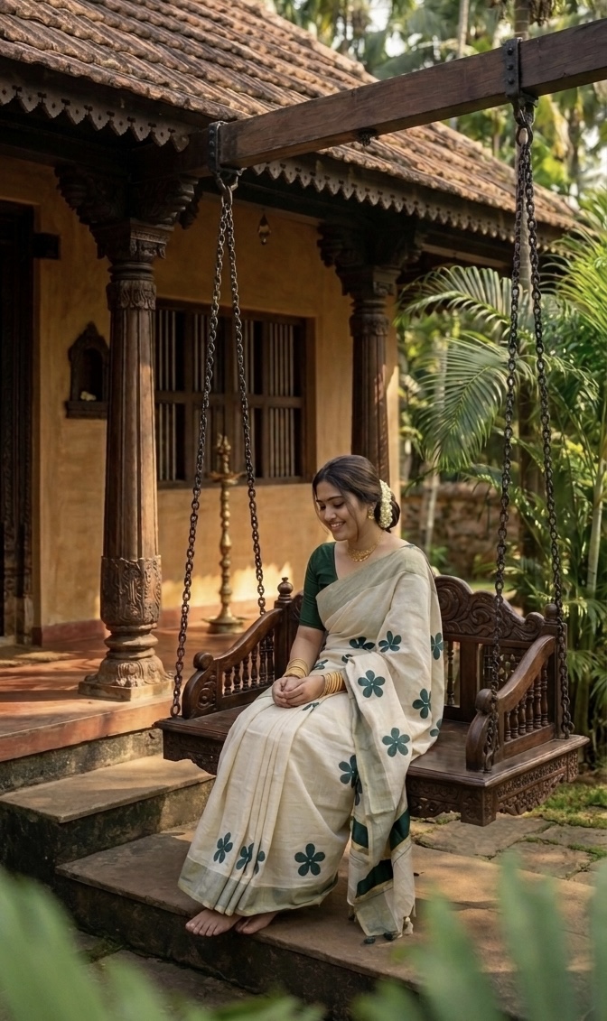 MV-KUS-005 - Green Flower Embroidered Golden Tissue Saree with Tassels - Image 5