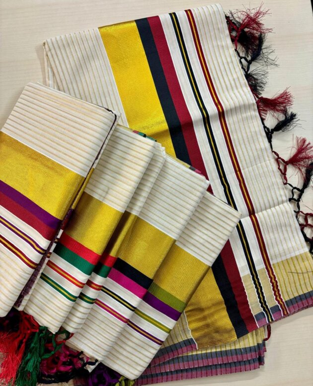 MV-AMS-008 - ONAM SPECIAL – Elegant Stripes Cotton Saree