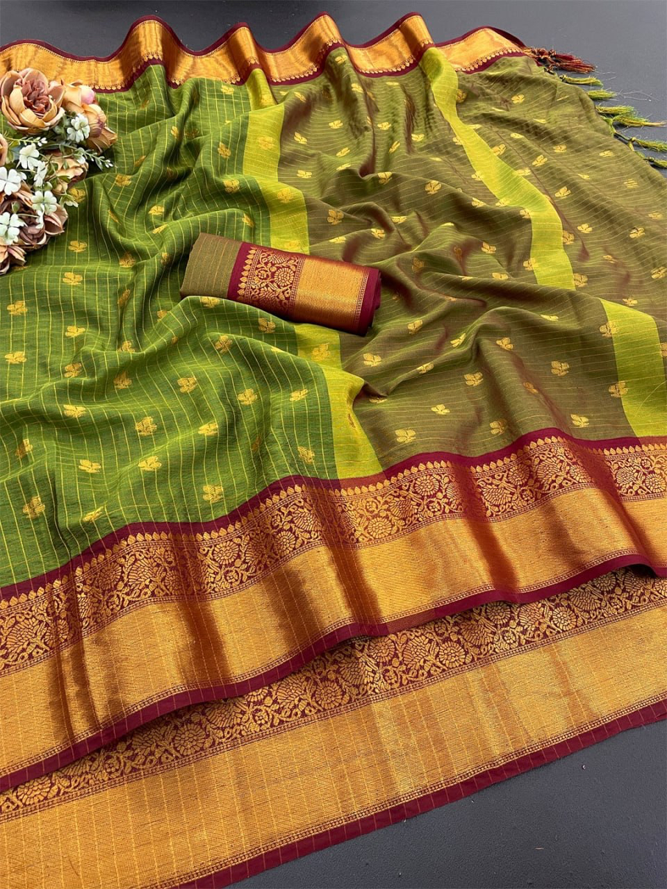 MV-BNR-001- Banarasi Heavy Cotton Silk Saree with butti & Broad contrast jacquard work border - Image 5