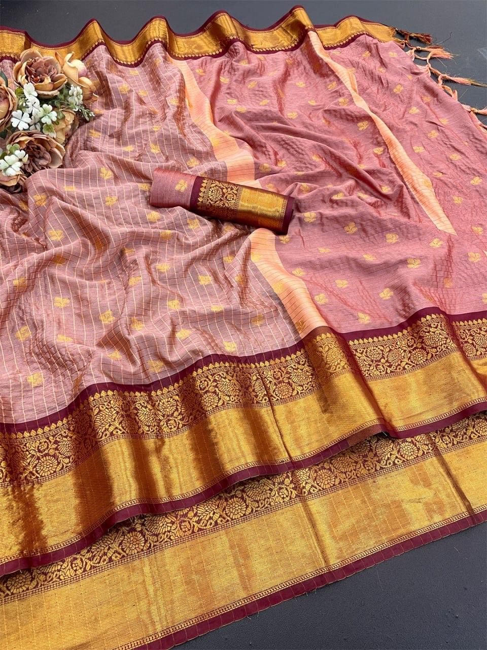 MV-BNR-001- Banarasi Heavy Cotton Silk Saree with butti & Broad contrast jacquard work border - Image 6