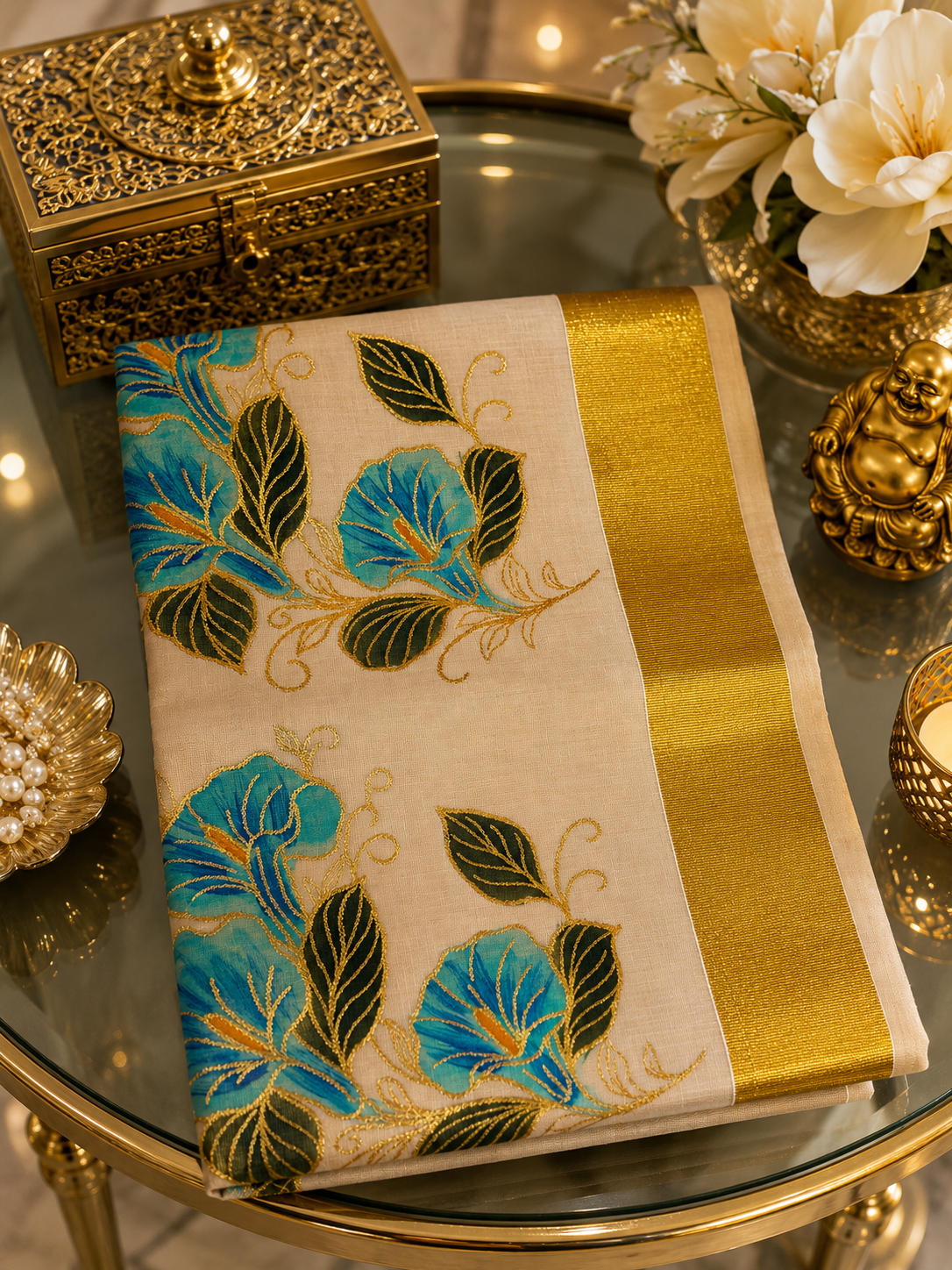 MV-ONM-008- Traditional Turquoise Floral Golden Kasavu Tissue Saree - Image 4