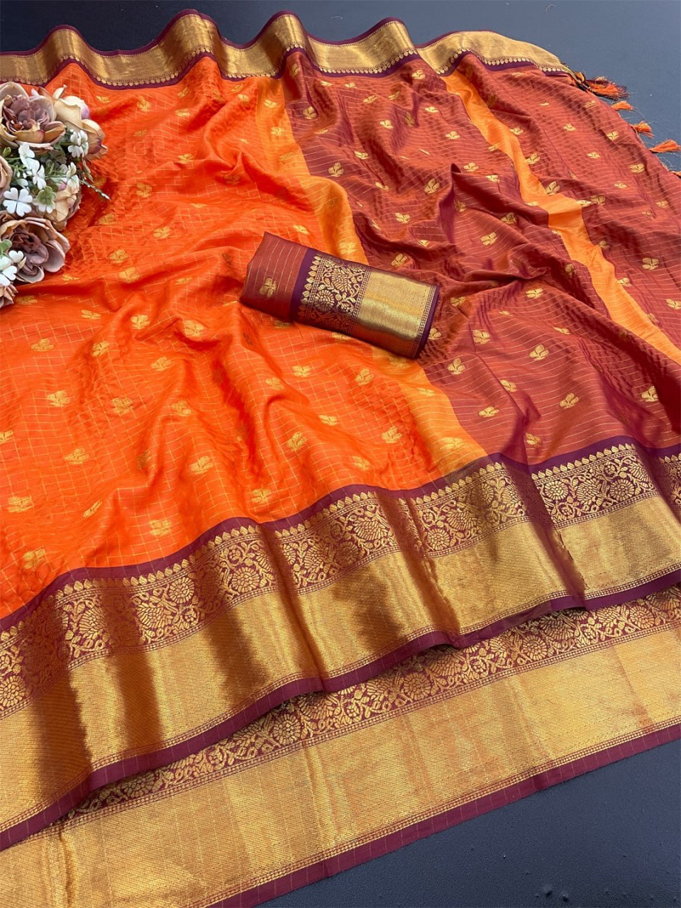 MV-BNR-001- Banarasi Heavy Cotton Silk Saree with butti & Broad contrast jacquard work border