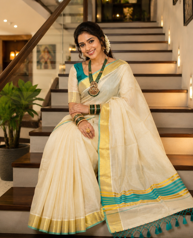 MV-ONM-011-  Kasavu Tissue Saree with Turquoise Blue Border and Stripes 