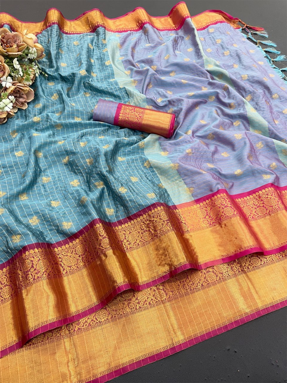 MV-BNR-001- Banarasi Heavy Cotton Silk Saree with butti & Broad contrast jacquard work border - Image 8
