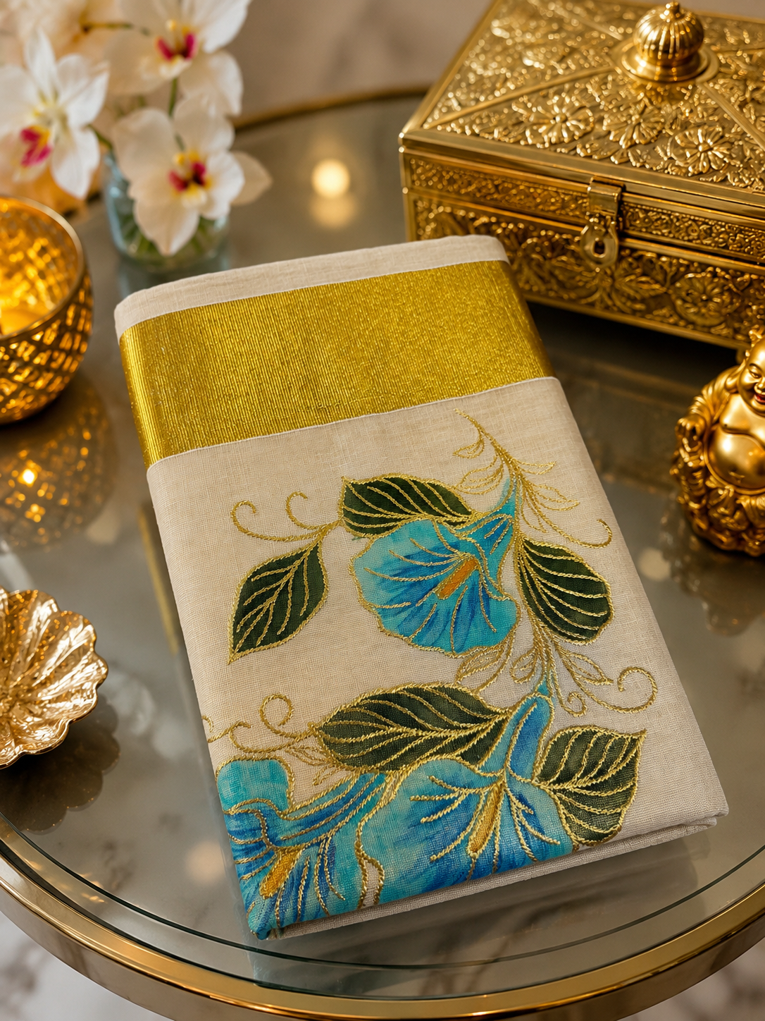 MV-ONM-008- Traditional Turquoise Floral Golden Kasavu Tissue Saree - Image 3