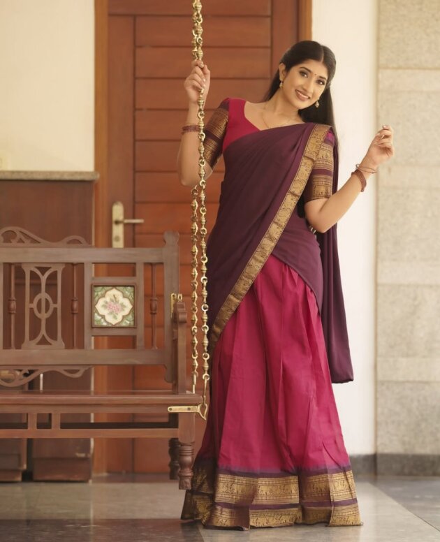 MV-KANCH-007 - Premium South-style Kanjivaram Silk Dhavani - Fully Stitched