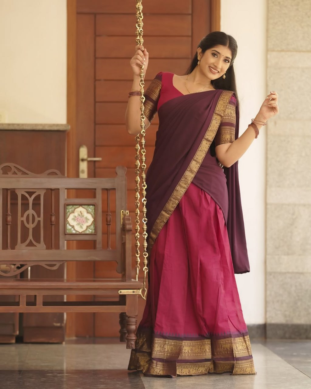 MV-KANCH-007 - Premium South-style Kanjivaram Silk Dhavani - Fully Stitched