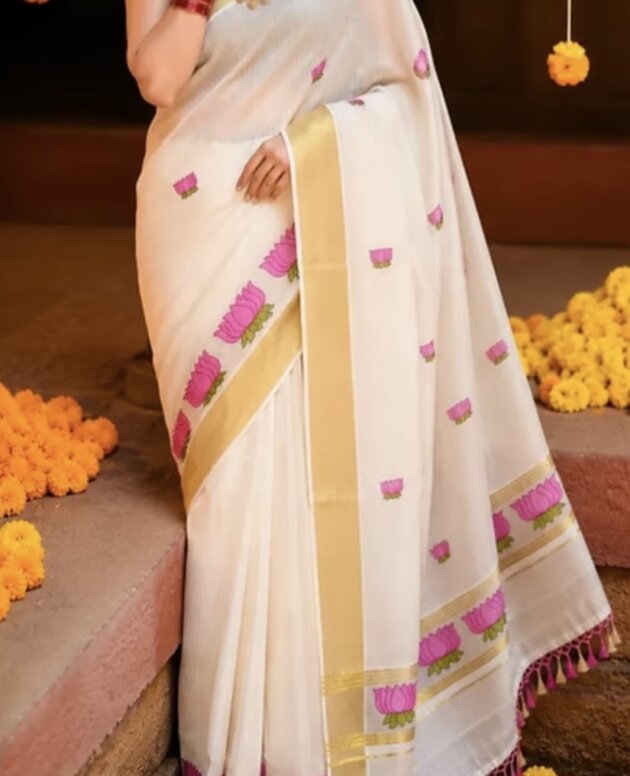 MV-ONM-013-  Pink Lotus Embroidery Motif Stripes Cotton Kasavu Saree