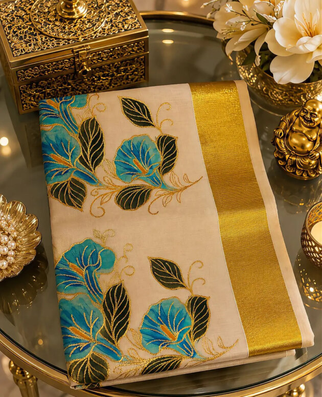 MV-ONM-008- Traditional Turquoise Floral Golden Kasavu Tissue Saree 