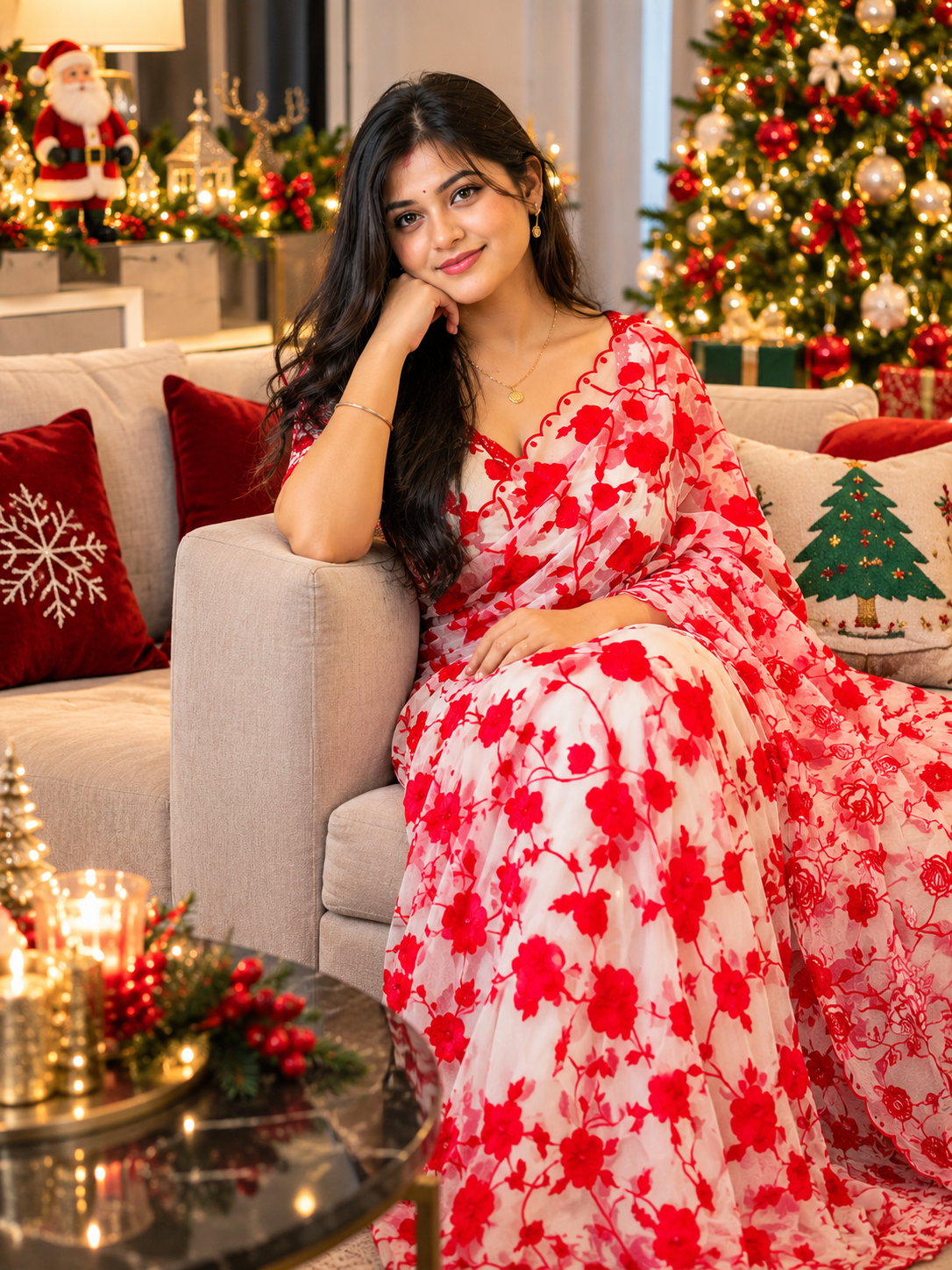 MV-XMS-008- Saree Made For Christmas - Red Floral Thread Work Soft Organza Saree