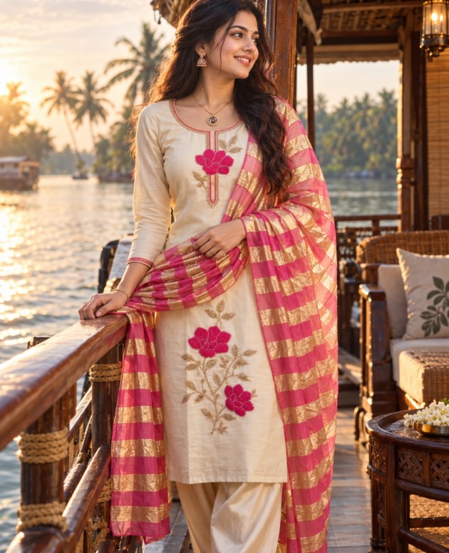 MV-KUR-019-New Designer Kurti Pant Dupatta Sett-Beads Embroidery thread Work