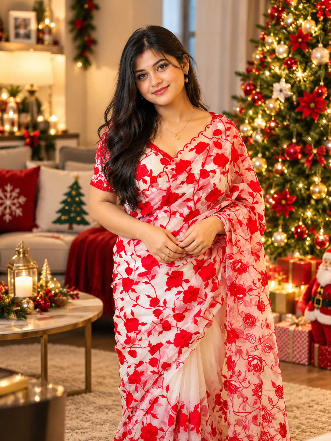 MV-XMS-008- Saree Made For Christmas - Red Floral Thread Work Soft Organza Saree - Image 3