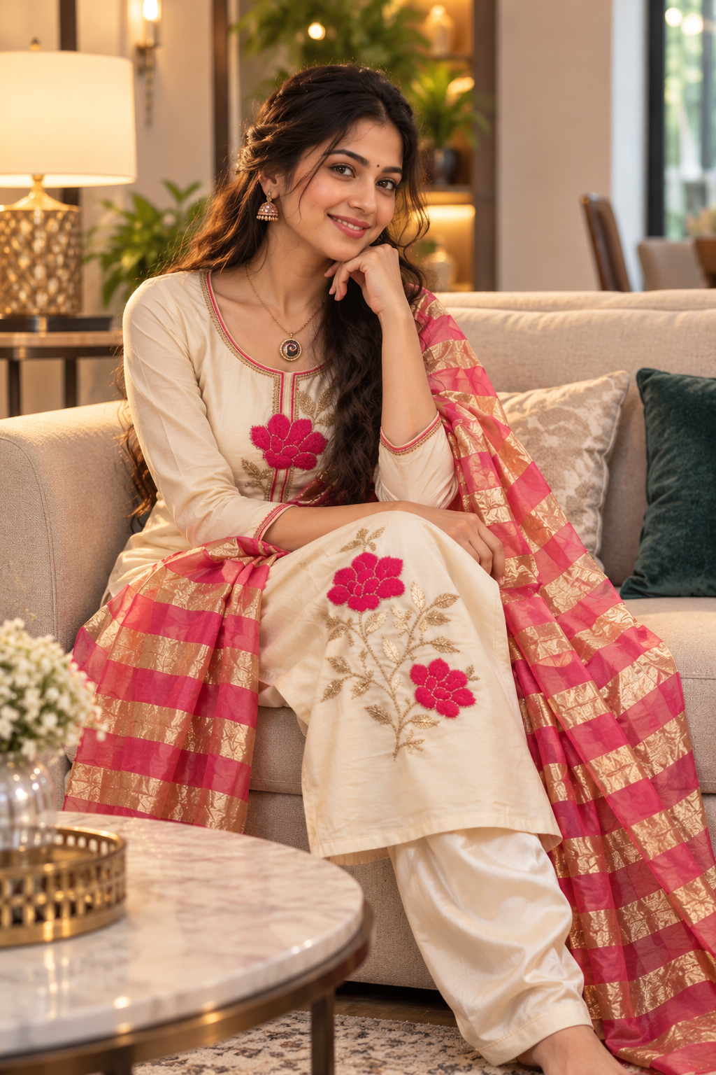 MV-KUR-019-New Designer Kurti Pant Dupatta Sett-Beads Embroidery thread Work - Image 3