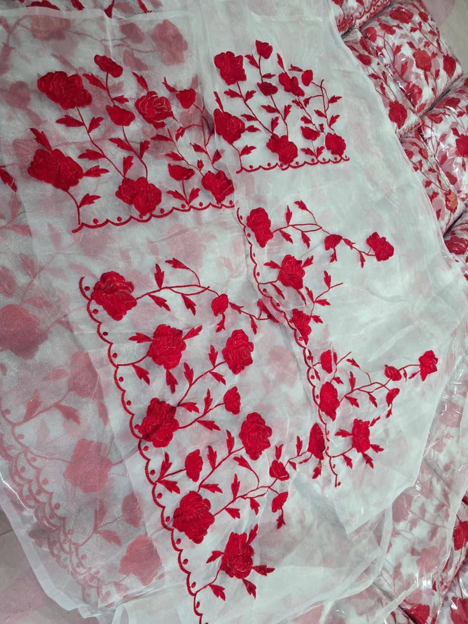 MV-XMS-008- Saree Made For Christmas - Red Floral Thread Work Soft Organza Saree - Image 5