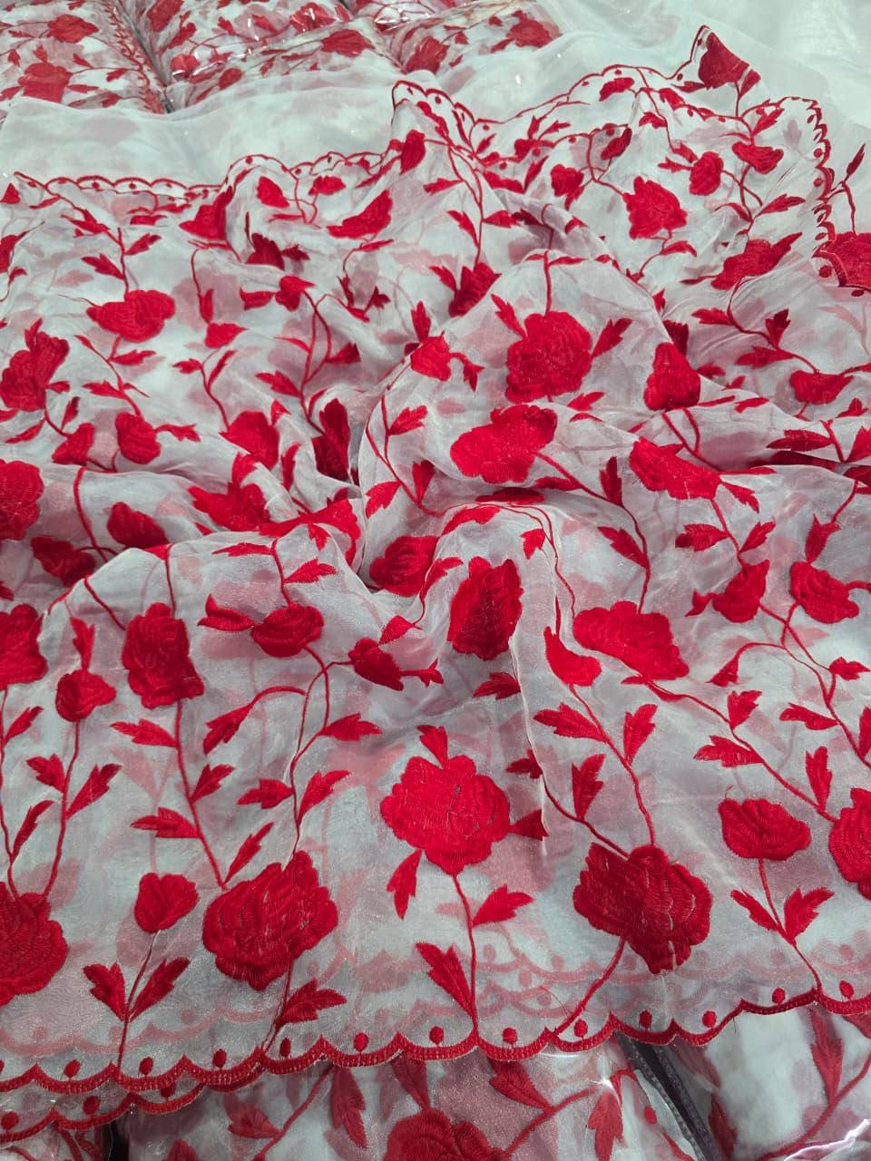 MV-XMS-008- Saree Made For Christmas - Red Floral Thread Work Soft Organza Saree - Image 6